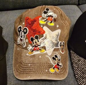 Disney Up Mickey Mouse Men's Brown Cap Red Silver Stars, OOAK handcrafted